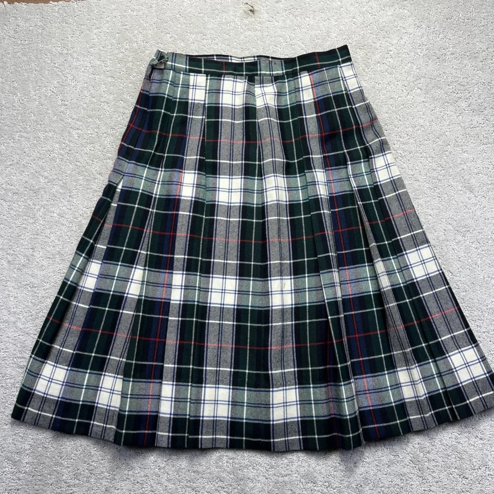 VINTAGE Breeches Midi Skirt Womens Size 14 Green White Tartan Wool Plaid Pleated